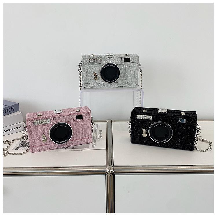 Women Fashion Sequin Box Bag Funny Chain Crossbody Body Bag Camera Shape Shoulder Bag