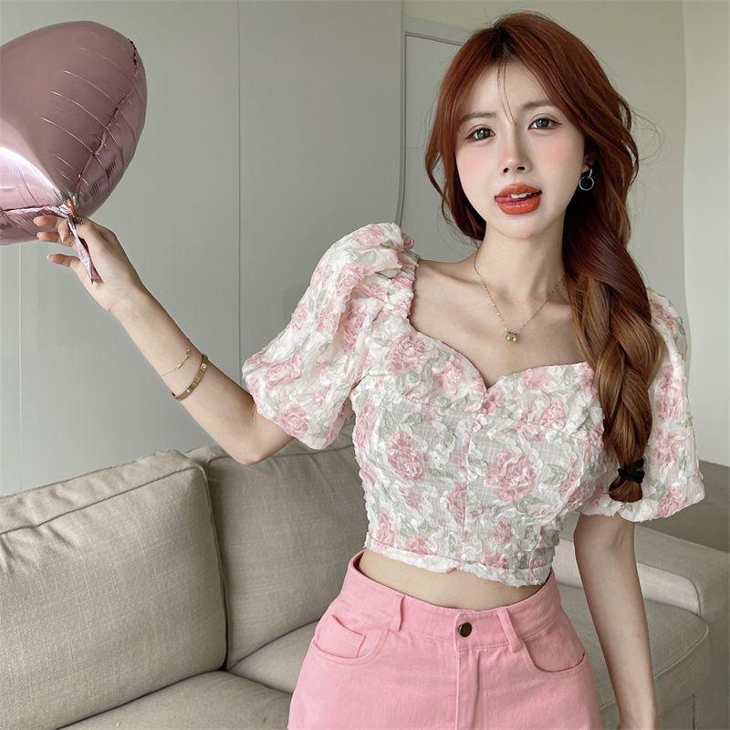 Summer Square Neck Bubble Sleeve Pink Flower Blouse Pullover Short Top Women
