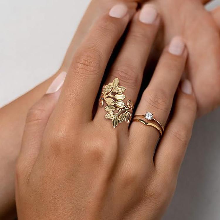 Women All Match Bohemian Style Leaf Shape Open Ring