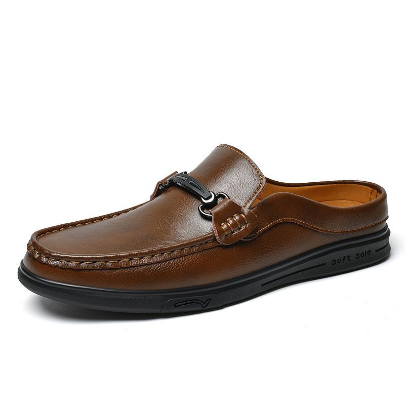 Men's Shoes Summer New Leather Half Slippers Men's Soft-soled Lazy Shoes Foreign Trade Large Size Doudou Shoes