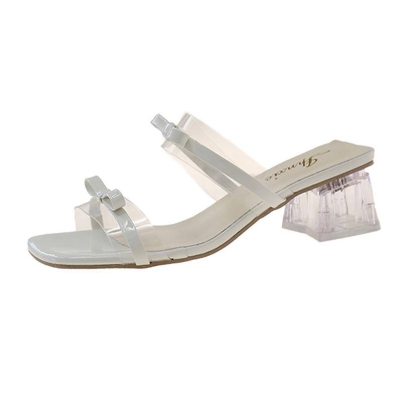 Slippers women's 2025 summer new French square head with sandals fashion open-toed thick heel bow high heels