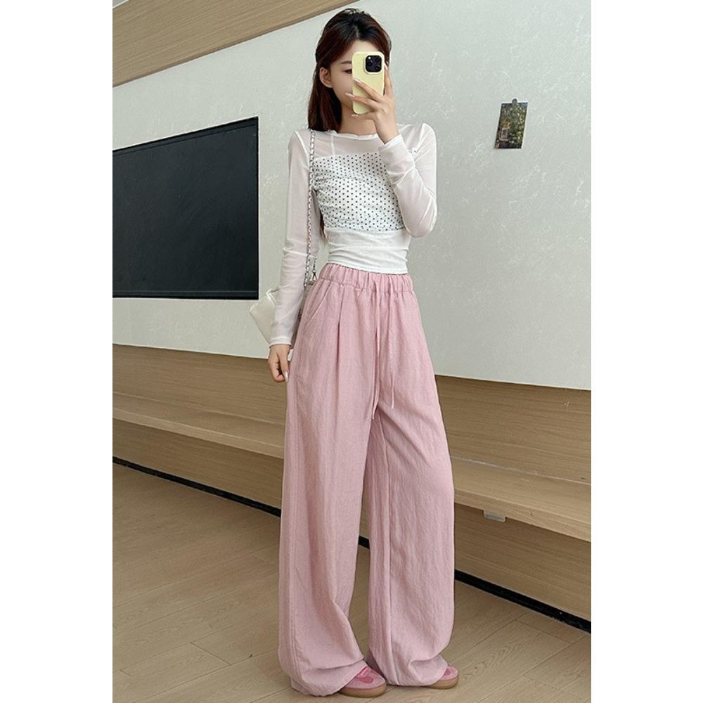 Women's High Rise Drawstring Loose Linen Wide Leg Pants Lightweight Casual Straight Trousers Solid Breathable Bottoms For Summer