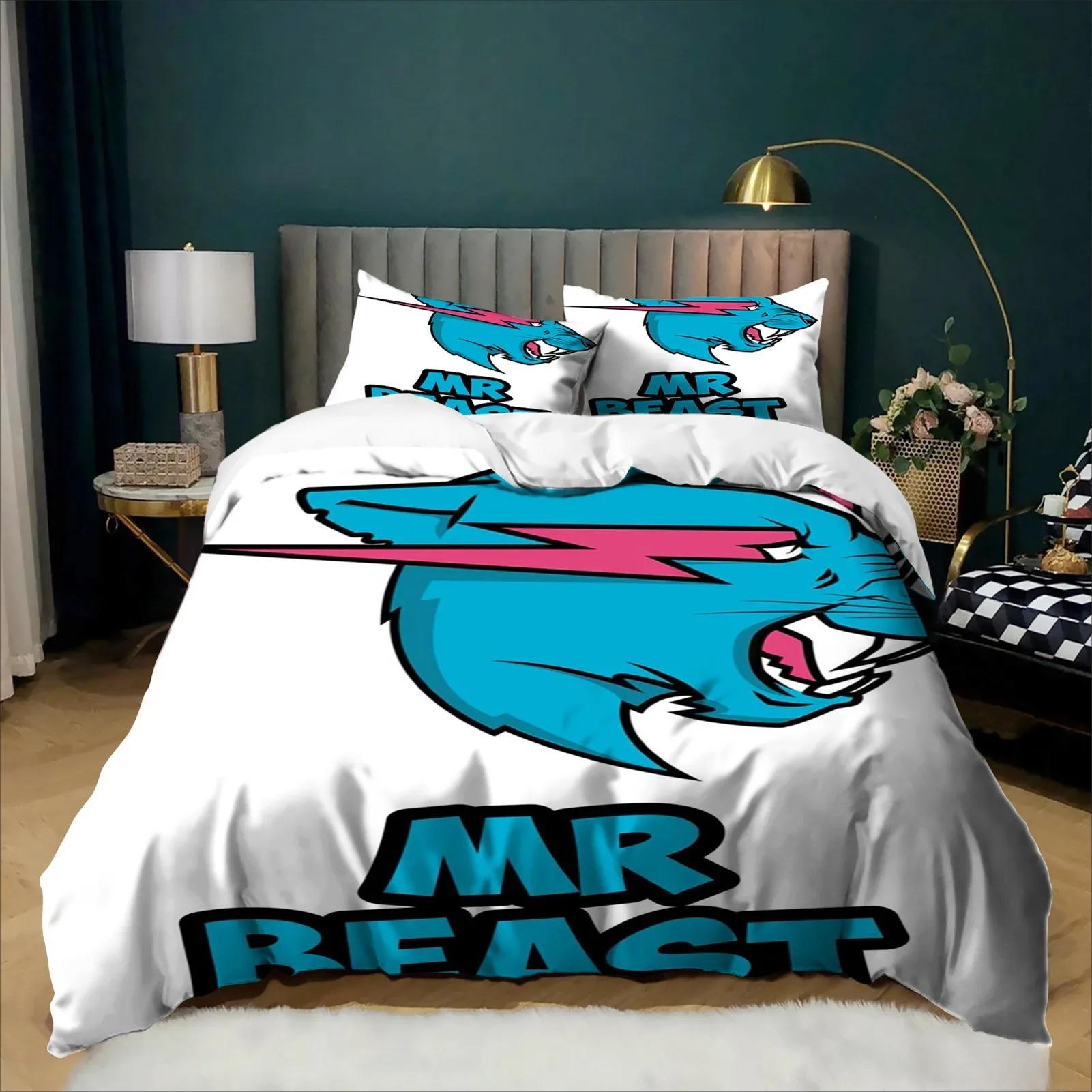 Ensemble de literie imprimé exquis Logo Mr-B-Beast Housse de couette Taie d'oreiller Anime Ensemble 2/3 pièces Enfants Garçon Fille Taille Simple/Double/Queen 100x135cm (2pcs)