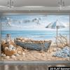 2D Plane Beach Vacation Scene Background Fabric: An Old Blue Wooden Boat Fully Loaded with Starfish and Shells