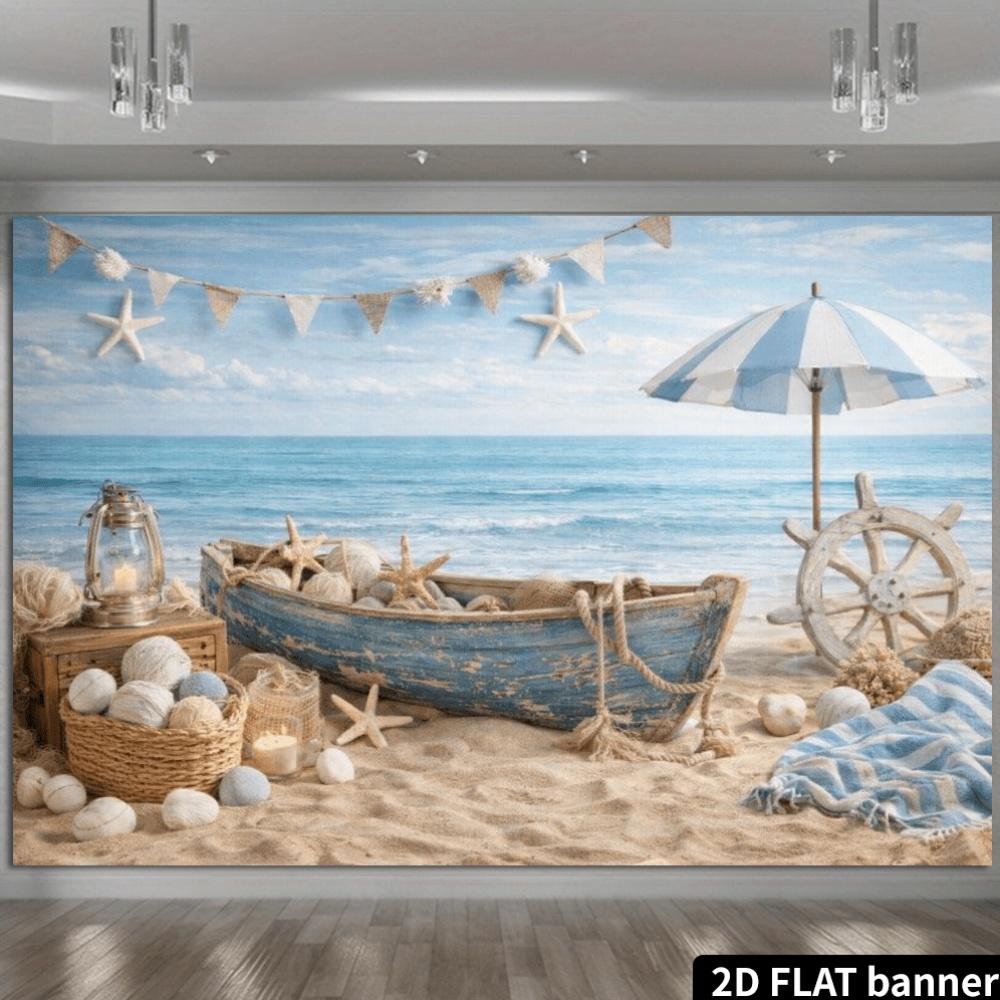 2D Plane Beach Vacation Scene Background Fabric: An Old Blue Wooden Boat Fully Loaded with Starfish and Shells