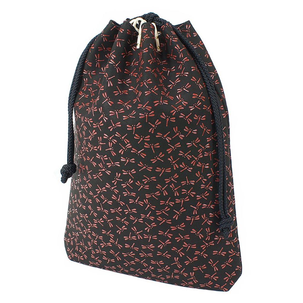 Inden Drawstring Bag with Black Background X Red Dragonfly Pattern [Indenya] 230-piece Gusset, Deerskin, Lacquer, 3007-21-008