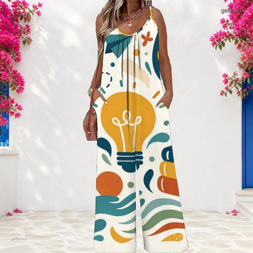 Women Spaghetti Strap Jumpsuit Fun Back To School Book Crayon Star Print Wide Leg Pants With Pockets