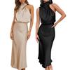 Stand Collar Halter Sleeveless Waist Tight Women Dress Smooth Satin Loose Hem Midi Evening Dress
