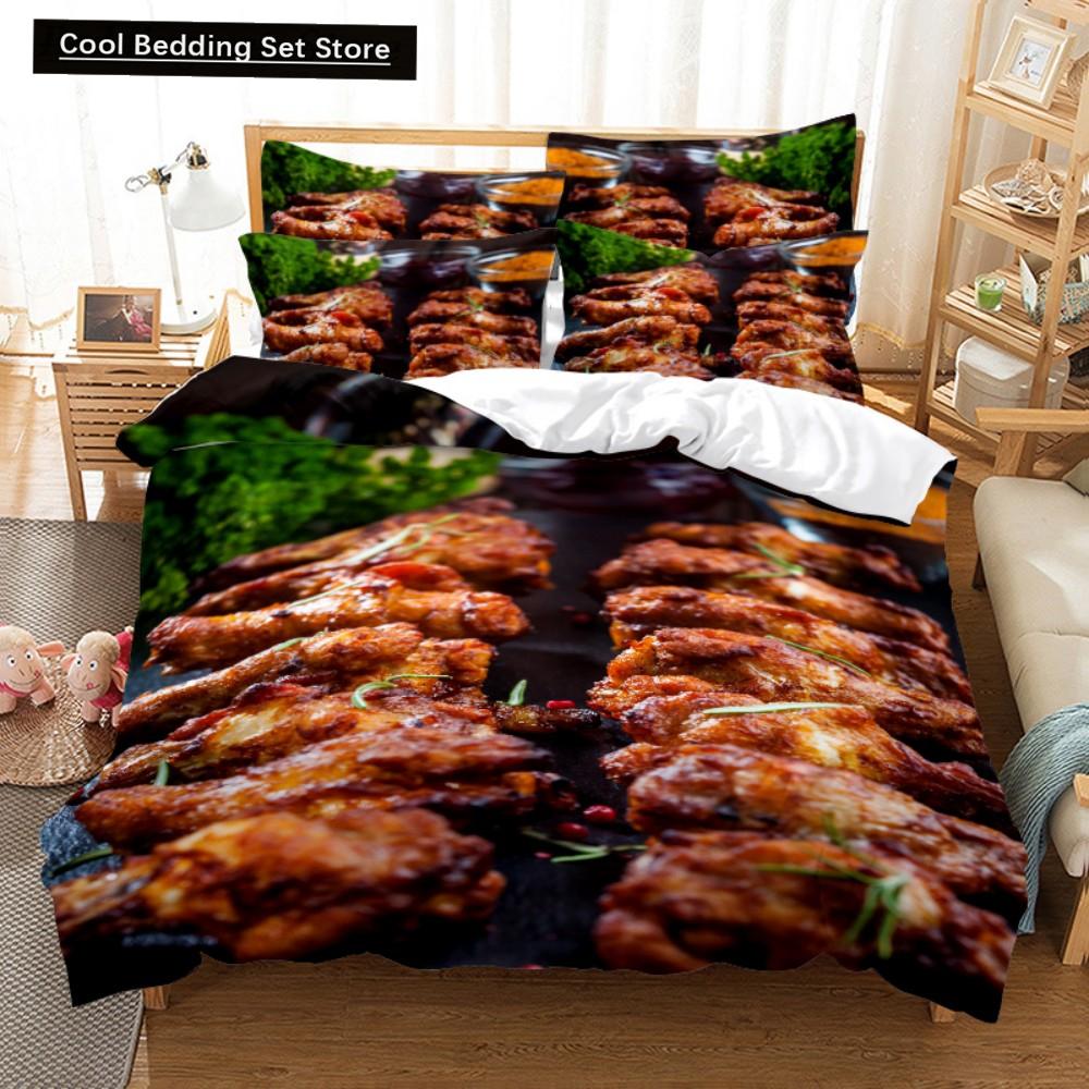 Essen Rindfleisch Bettwäsche Set 3D Frisches Fleisch Bettbezug King/Queen Größe Köstliche Meeresfrüchte Sashimi Hähnchenschenkel Steak Realistischer Bettdeckenbezug