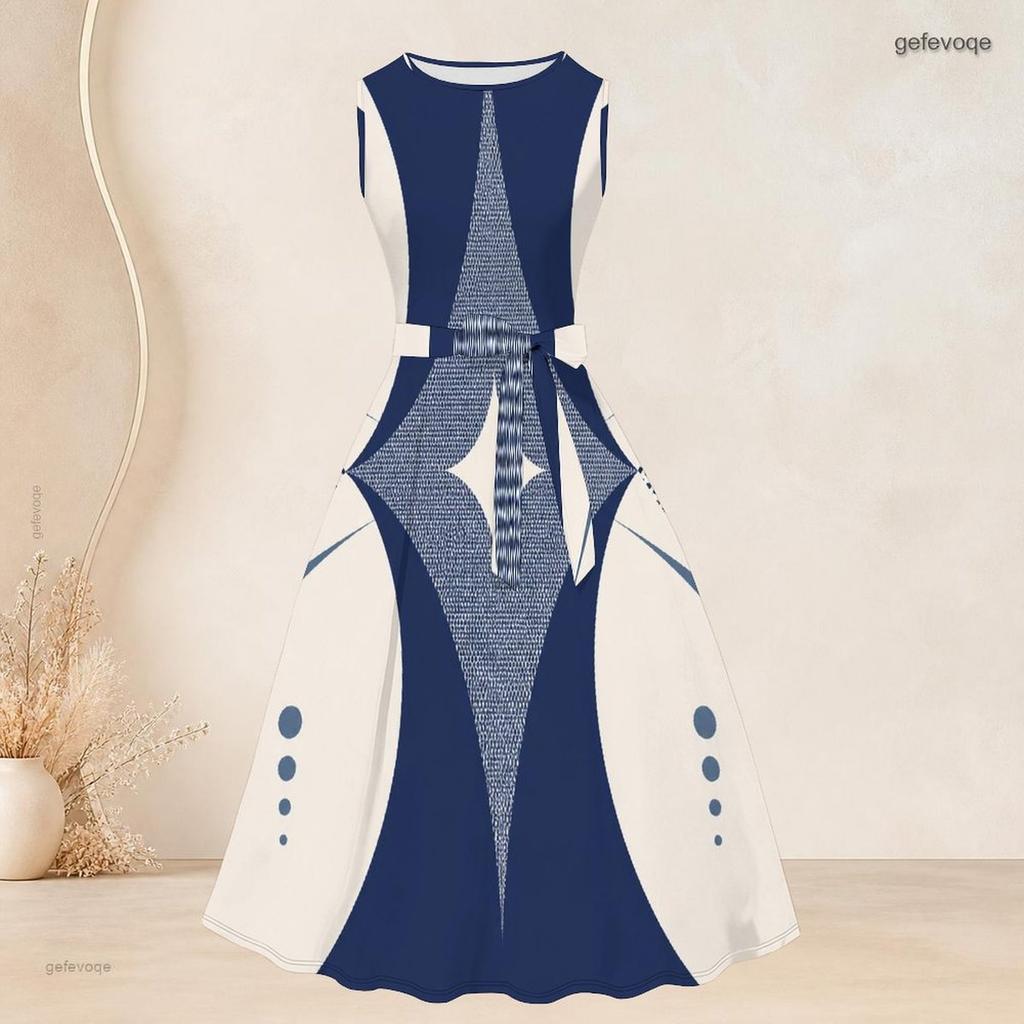 Women Plus Size Off White Printed Two Piece Set Sleeveless Round Neck Tie Waist Flare Dress And Long Sleeve Open Cardigan