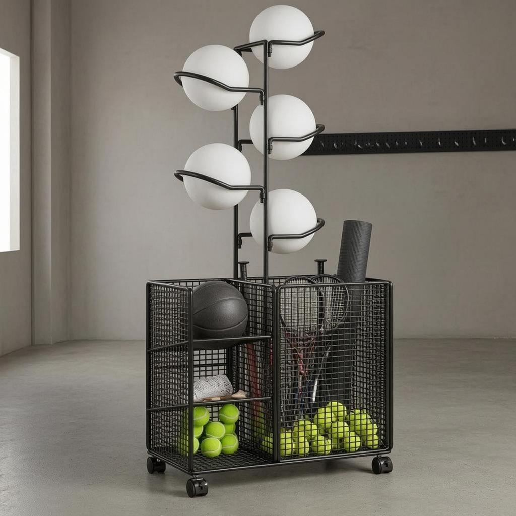 Sports Storage Rack Curved Holders Mobile Open Basket Wheeled