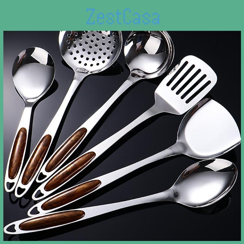 3cm Thick Handle Gold Wood Stainless Steel Kitchenware Set Spatula Soup Spoon Colander
