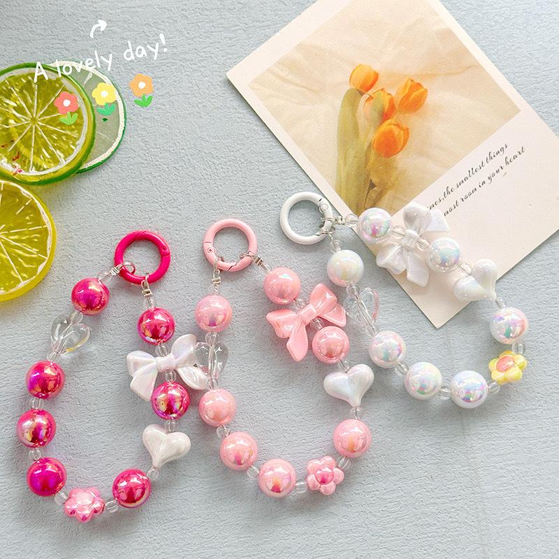 Color Plated Color Flower Beaded Mobile Phone Chain Creative Bow Car Keychain Earphone Bag