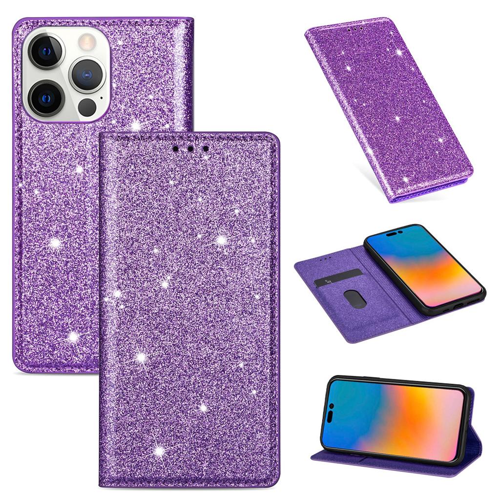 Applicable to Apple 15 glitter magnetic suction multi-card leather case 15pro women's glossy protective case 16pro card case