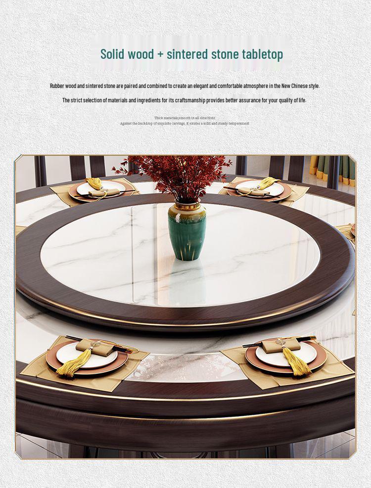 1.8m New Chinese Style Solid Wood Dining Set W/ Induction Cooker - Round Table & Chairs for Home or Hotel