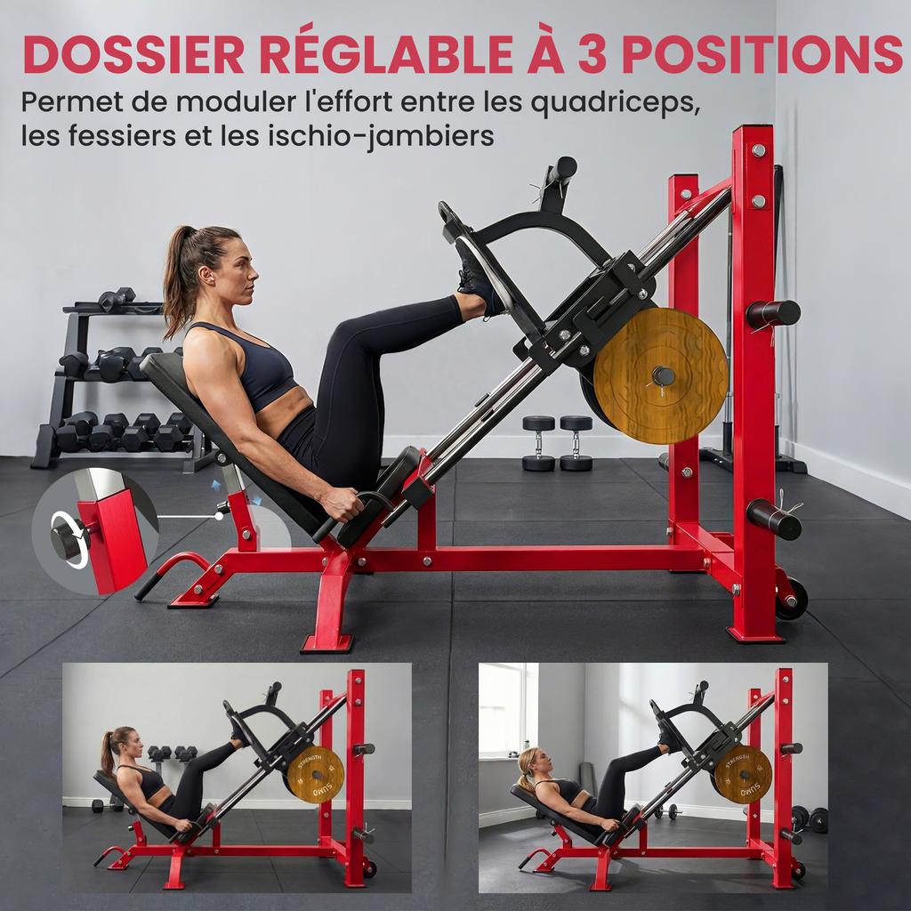 Leg Press Machine, Leg Training, Hack Squats, 455 kg, Adjustable, 185 x 120 x 140 cm, Red