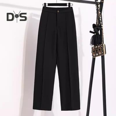 Women Suit Pants Elastic High Waist Button Zipper Fly Long Pants Solid Color Straight Wide Leg Office Lady Dress Pants Workwear