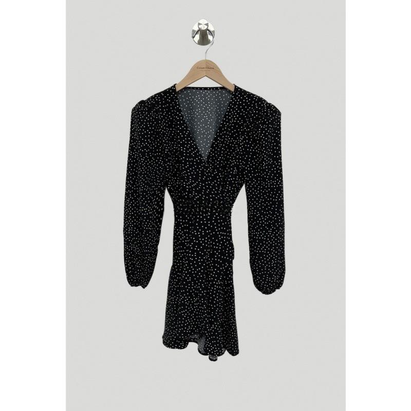 Women's Petite French Polka Dot V-Neck Long-Sleeve Belted Dress - Short Skirt for Spring & Autumn.