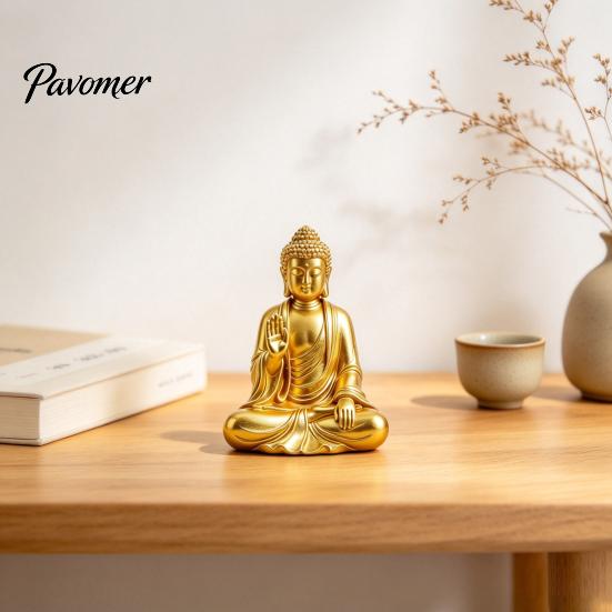 Vredige Boeddhabeeld voor Studie 3D Geprint Gouden Beeld, Zittende Shakyamuni Figuur, Beeld Handgemaakt met Serene Uitdrukking Meditatie, Huis