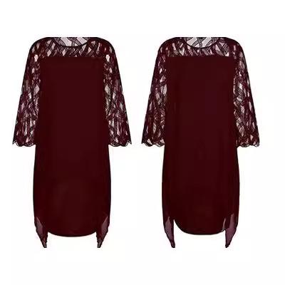 European and American Lace Splicing Seven-quarter Sleeves Irregular Hem Chiffon Dress, Spot