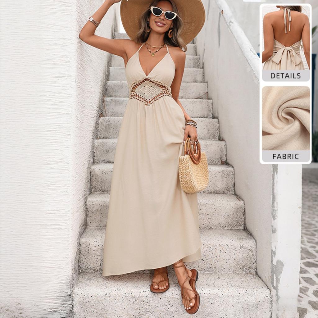 New Backless Bow Halter Neck Long Dress Casual Vacation Style Dress