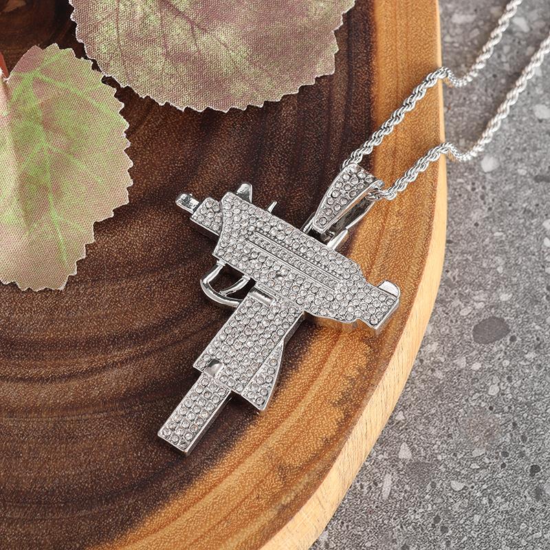 Hip Hop Bling Iced Out Submachine Gun Pendant Necklace for Men Hip Hop Rock Street Party Cool Jewelry