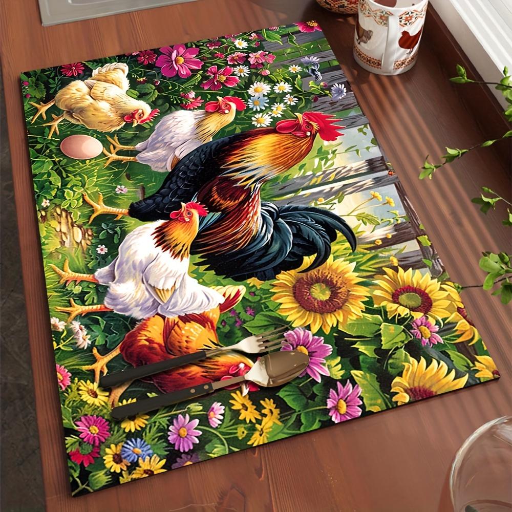 1Pcs Rooster Rubber Drying Mat With Retro Coffee Tableware For Coffee Shop Kitchen Carpet Tableware Durable Diatom Mud Table Mat Pet Coffeeware Mat