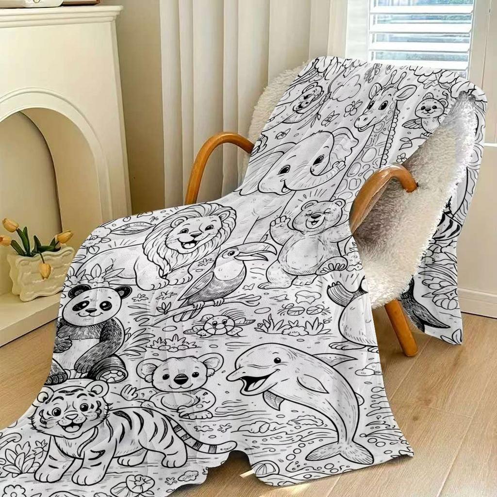 Couverture Animalière Ligne Art Jungle & Océan Style Livre de Coloriage - Jeté Doux Polyvalent Toutes Saisons pour Chambre, Canapé & Linge de Lit