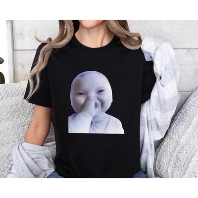 AI Baby Covering Their Mouth and Smiling Emoji Tshirt The Popular Niche Baby Emoji Summer New Retro Unisex Casual Y2K Tshirt