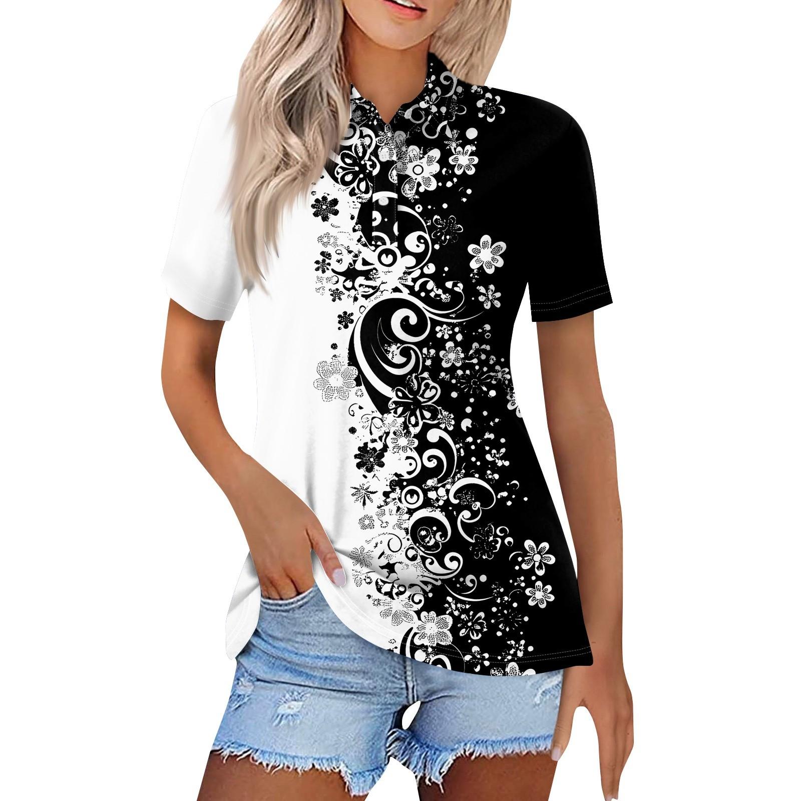 Women s Fashion Casual Lapel Short Sleeve Printed Shirt Women s Button Up Tops L