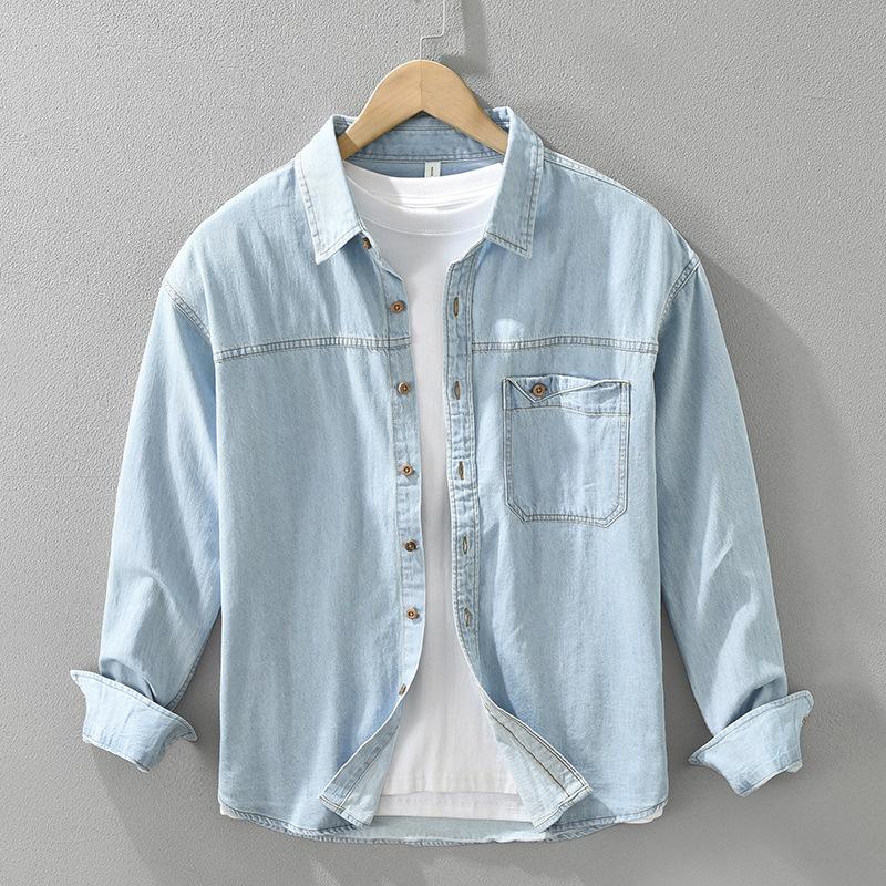 Korean Retro Style Mens Long Sleeve Denim Shirt Pure Cotton Jean Shirt Spring and Summer Casual Shirt Lapel Collar