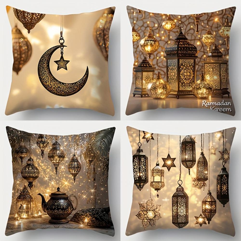 Ramadan Themed Pillowcases with Elegant Lantern and Crescent Designs Sofa Cushion Cover Islamic Muslim Home Decoration