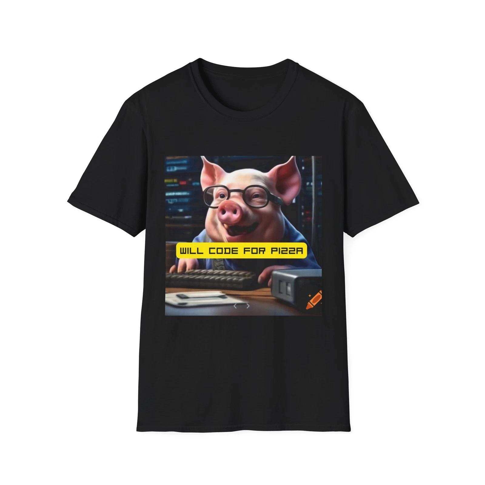 Funny Coding Pig T-Shirt, Programmer Gift, Geeky Humor Tee, Pizza Lover Shirt, S