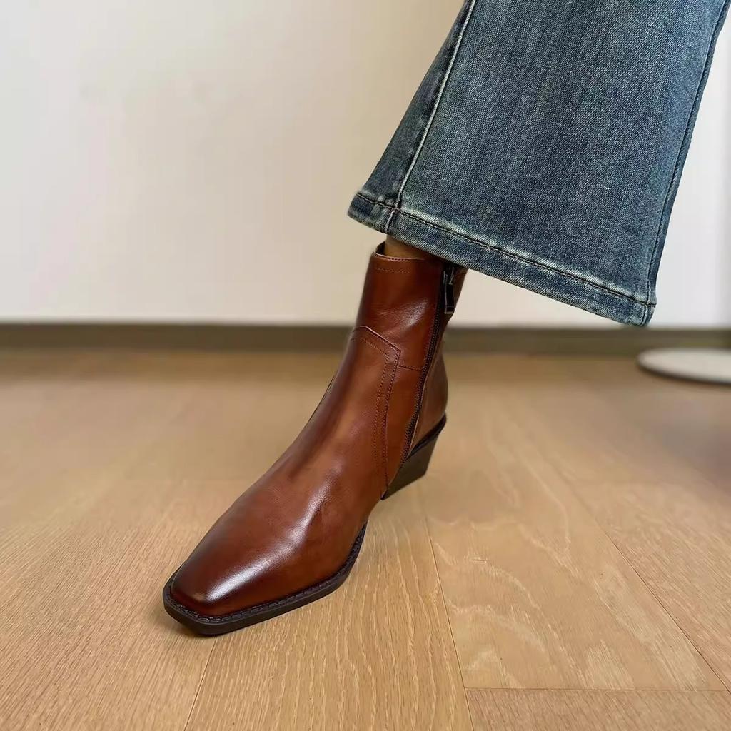 2025 nové boty retro čtvercová špička silný podpatek boční zip krátké boty dámské britský styl Martensky všestranné Chelsea boty