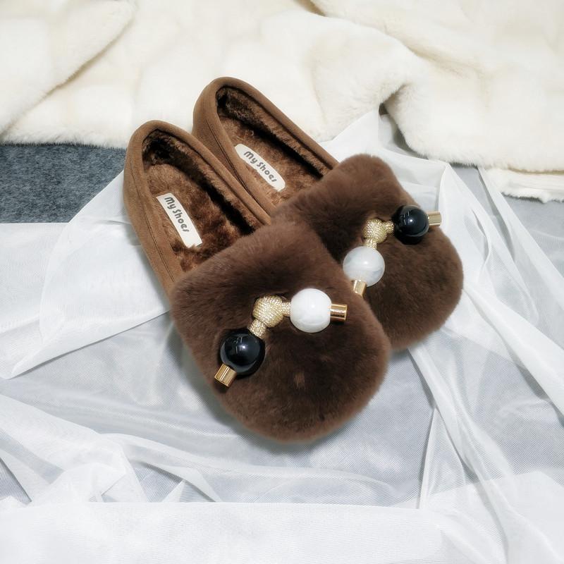 Fashion Two Candy bead fur flats woman cozy warm plush loafers winter cotton shoes women 2025 real rabbit fur moccasins large size 35-42