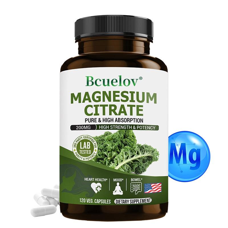 Bcuelov Magnesium Citrate — 200mg, Pure & High Absorption, 120 Veggie Capsules
