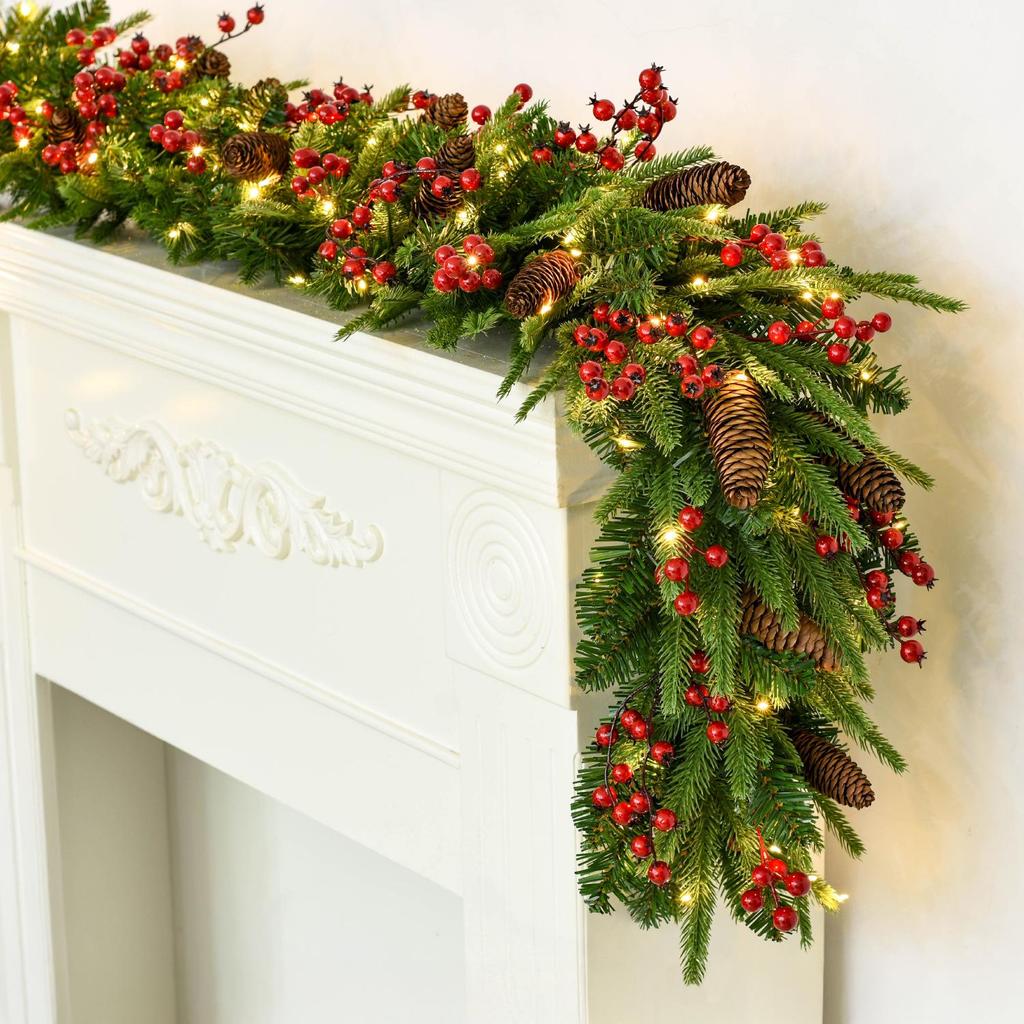 Christmas Glimmer: Garland Set for Tree, Window, and Fireplace with Flocked Leaf Ornaments