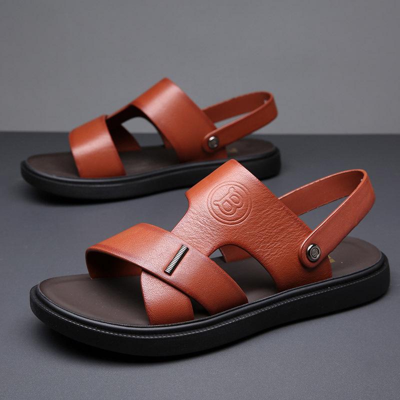 

The first layer of cowhide sandals for men s 2025 summer new soft-soled cool slippers for driving outside, non-slip men s beach shoes 44 жёлтый