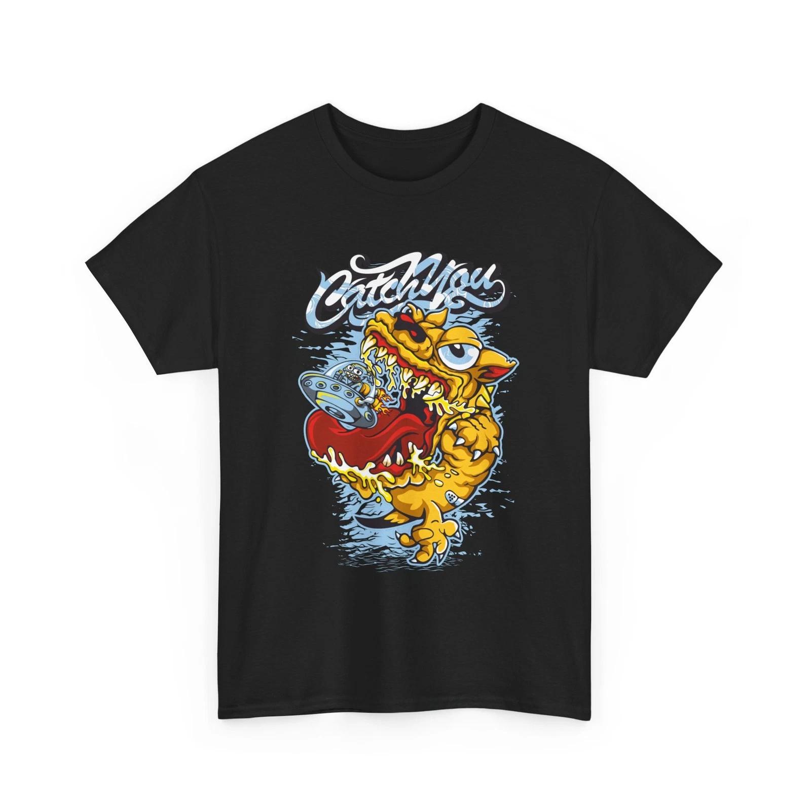 Catch You Monster Cartoon Tee | Monster Eating UFO Graphic Shirt, Funny T-Shirt S
