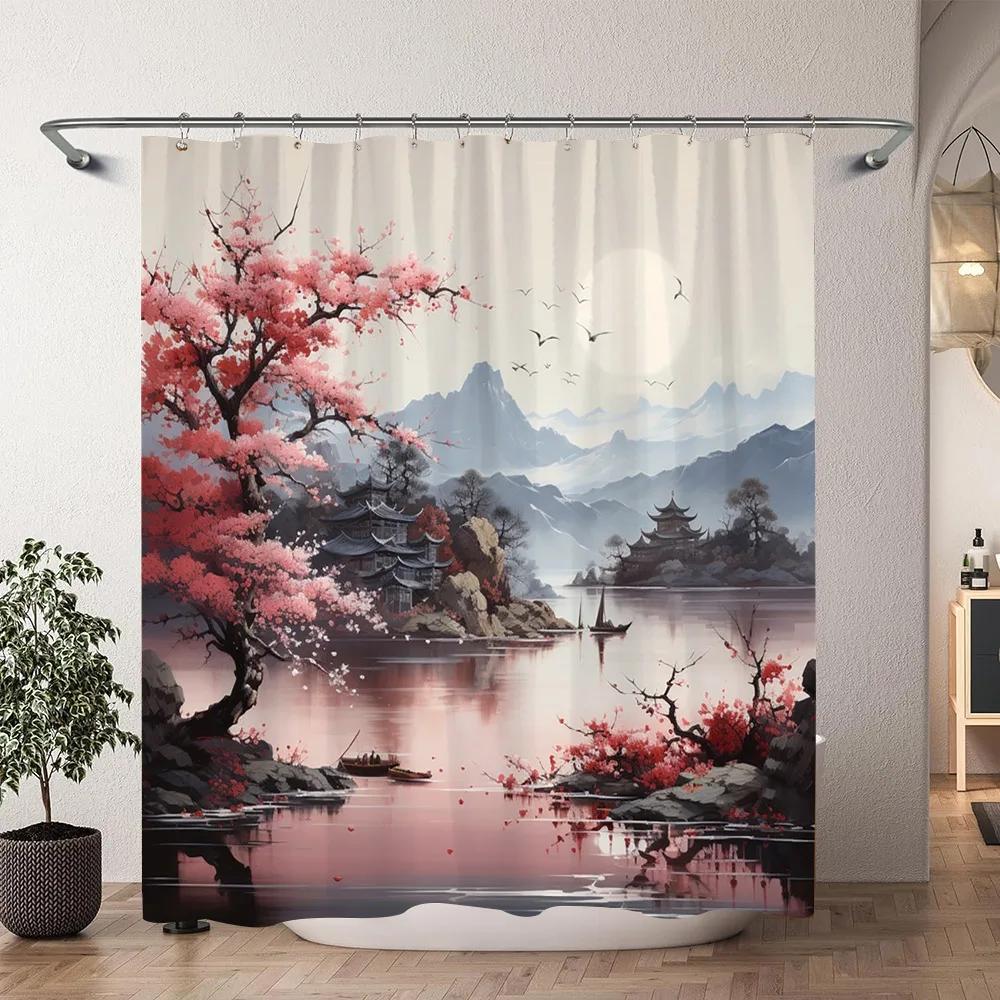 Japanese Cherry Blossom Watercolour Print Shower Curtain Koi Waves Chinese Ink Painting Polyester Shower Curtains Bathroom Decor