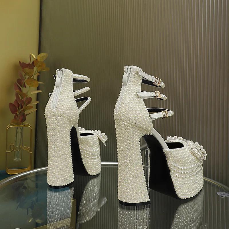 Fashion Brand Hand Inlaid Pearl/Rhinestone High Heel Sandals Wedding Bridal Party Water Platform Bow Sandals Large 42 Sexy Women's Shoes