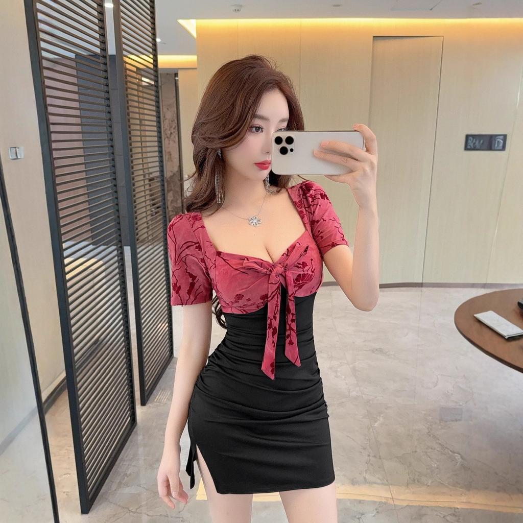 Tea break contrasting color dress women's summer new sexy low-cut small hip skirt