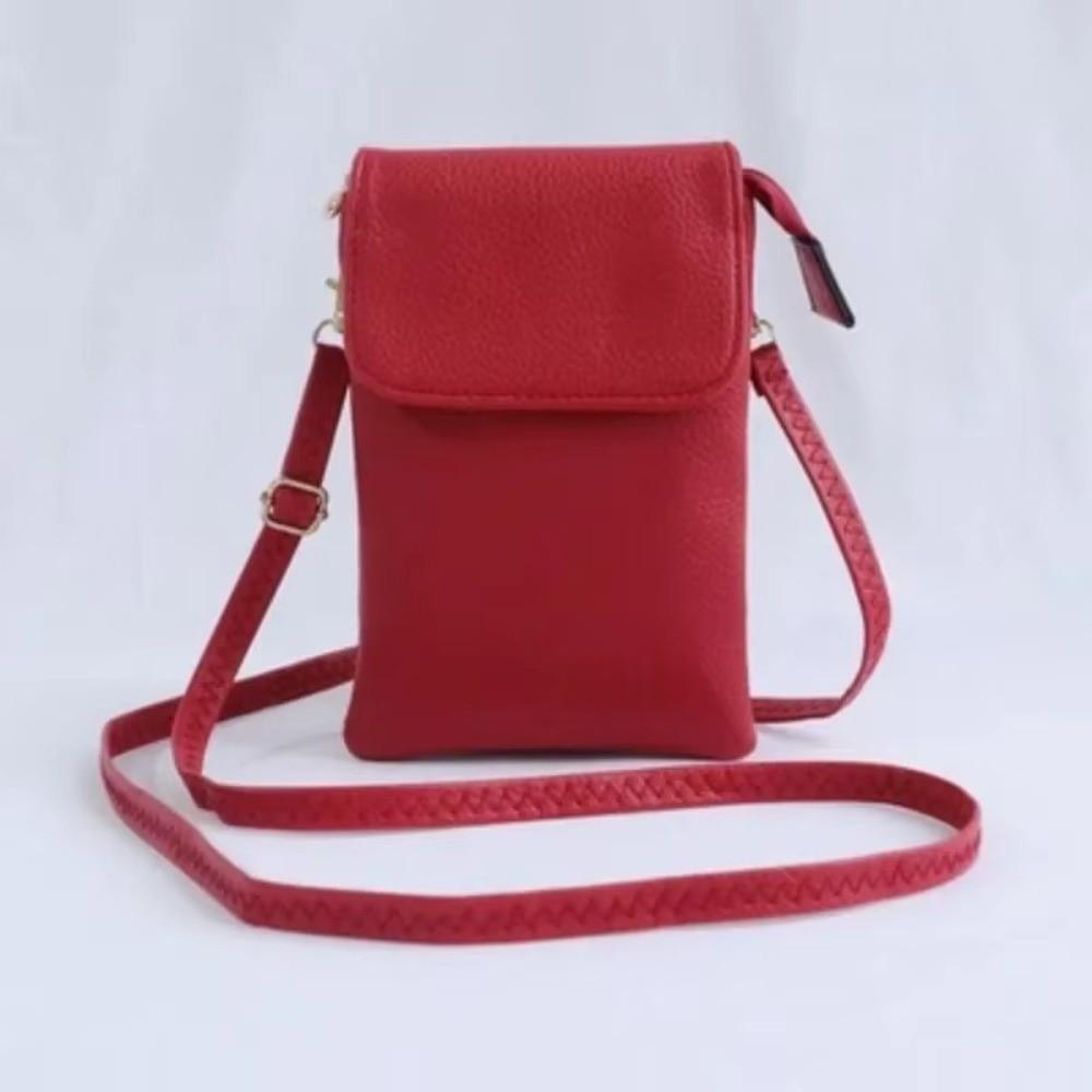 

Fashion PU Leather Crossbody Bag Flap Solid Color Messenger Bag Multi-layer Small Mobile Phone Purse красный