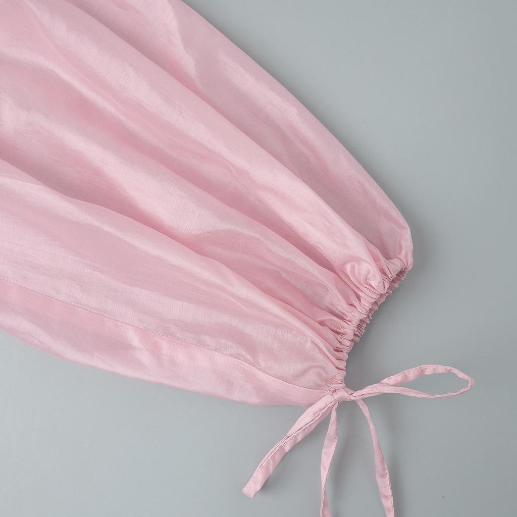 Frühling Sommer Neu Damen Durchsichtiges Ballonärmel Raffung Rüsche Stehkragen Langarm Bluse, Europäischer Amerikanischer Stil Freizeit Lässiges Hemd Top