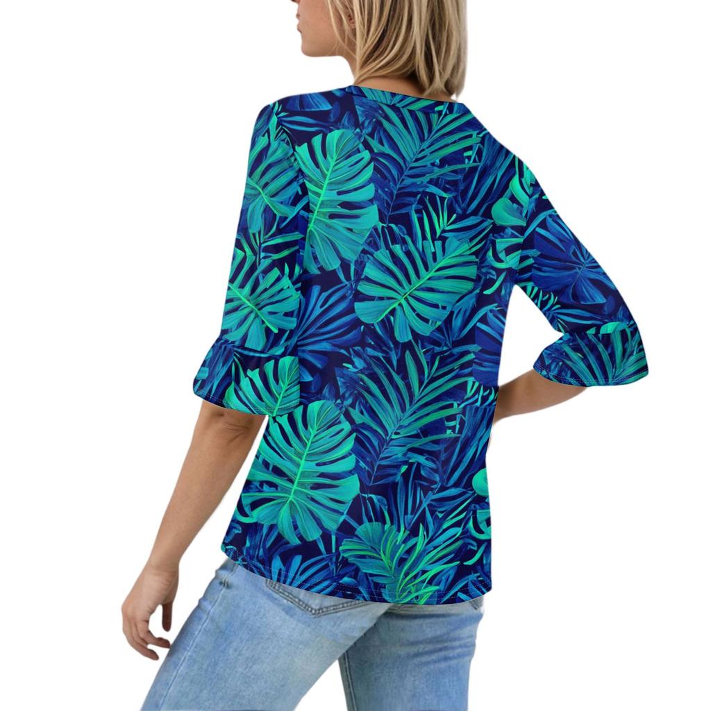 Women's Casual 3/4 Sleeve Tops V-Neck Sleeve T-Shirt Floral Print Tops