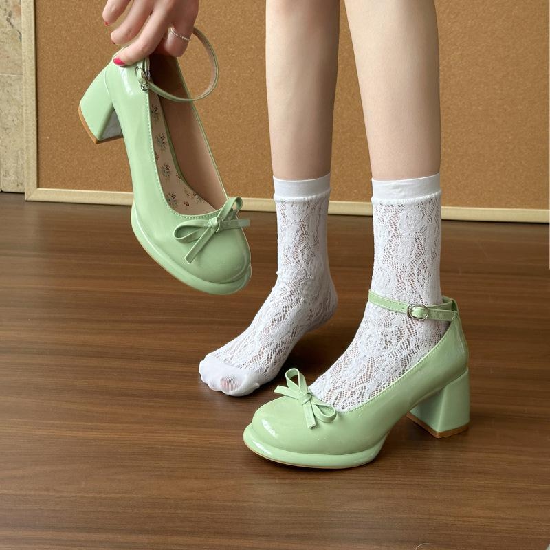 Single shoes high heels bow lace single shoes women's summer sweet platform leather shoes Lolita thick heel Mary Jane shoes