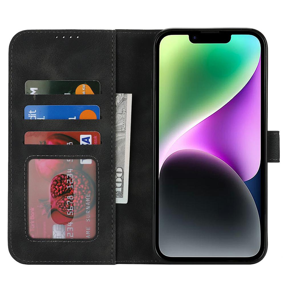 For iPhone 14/13 Wallet Case Double Folded Edge Skin Touch PU Leather Flip Phone Cover