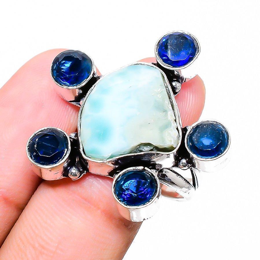 

Кольцо из стерлингового серебра 925 пробы с натуральным необработанным ларимаром и топазом, размер 8 q4U42