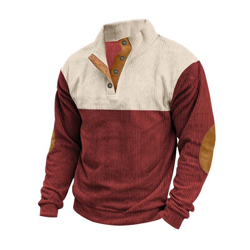 New Men's Corduroy Patchwork Contrast Collar Oversized Long-Sleeved Knitted Sweatshirt