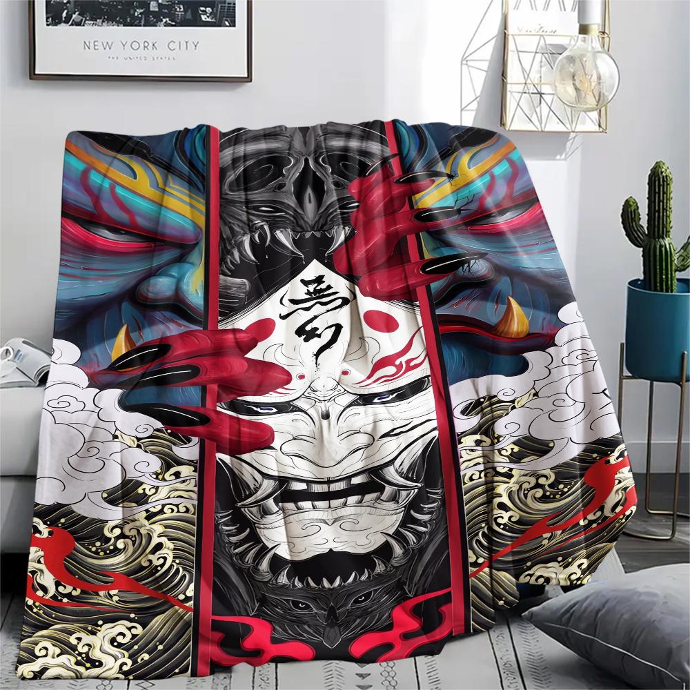 1Pc Hannya Samurai Print Flannel Blanket, High quality Comfortable for All Seasons, Home Decor, Warmth and Comfort, Perfect for Christmas Gifts